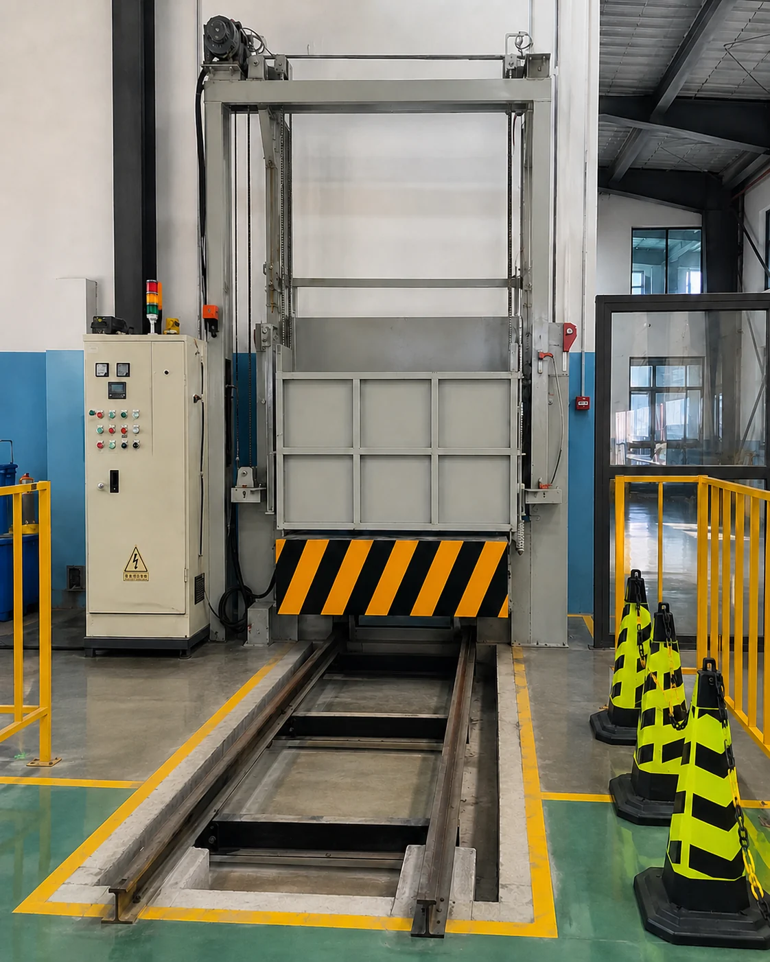 Industrial rail-guided furnace used for controlled heat treatment