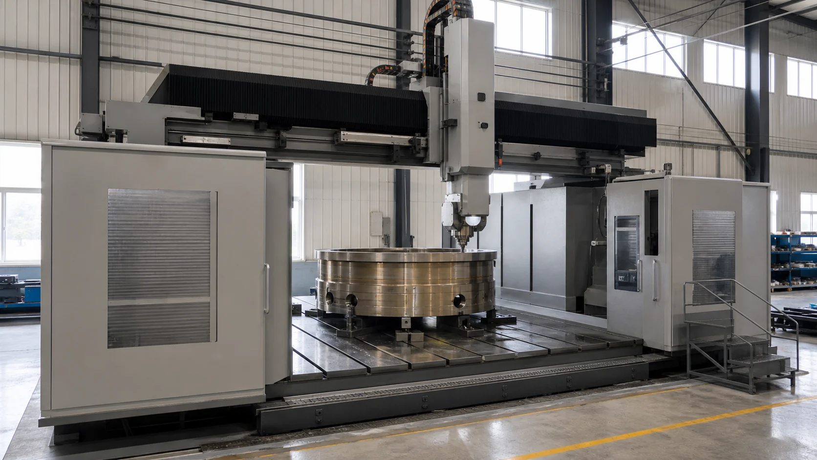 Representative large gantry CNC machining scene with a ring-shaped workpiece