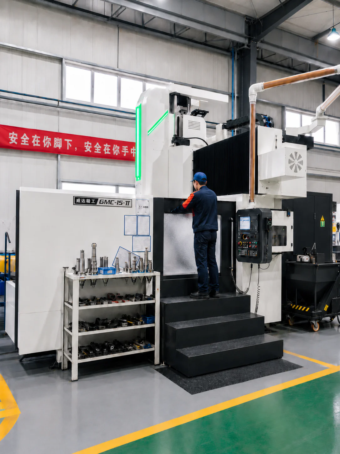 Operator working at a gantry CNC machining center in a manufacturing workshop
