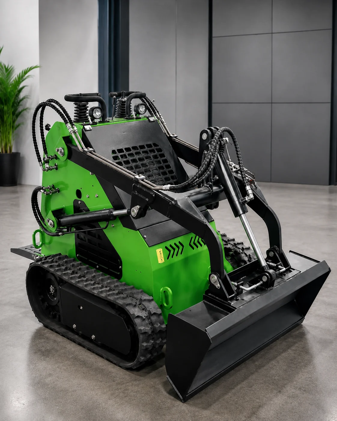 Compact tracked skid steer loader in a clean workshop setting