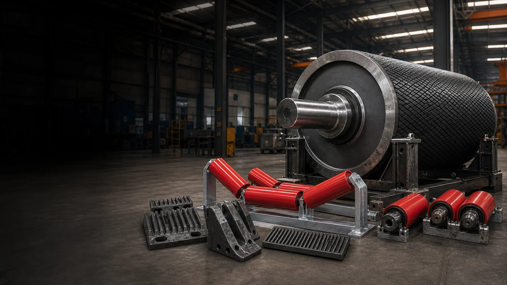 Representative industrial scene with a conveyor pulley, idlers and wear components