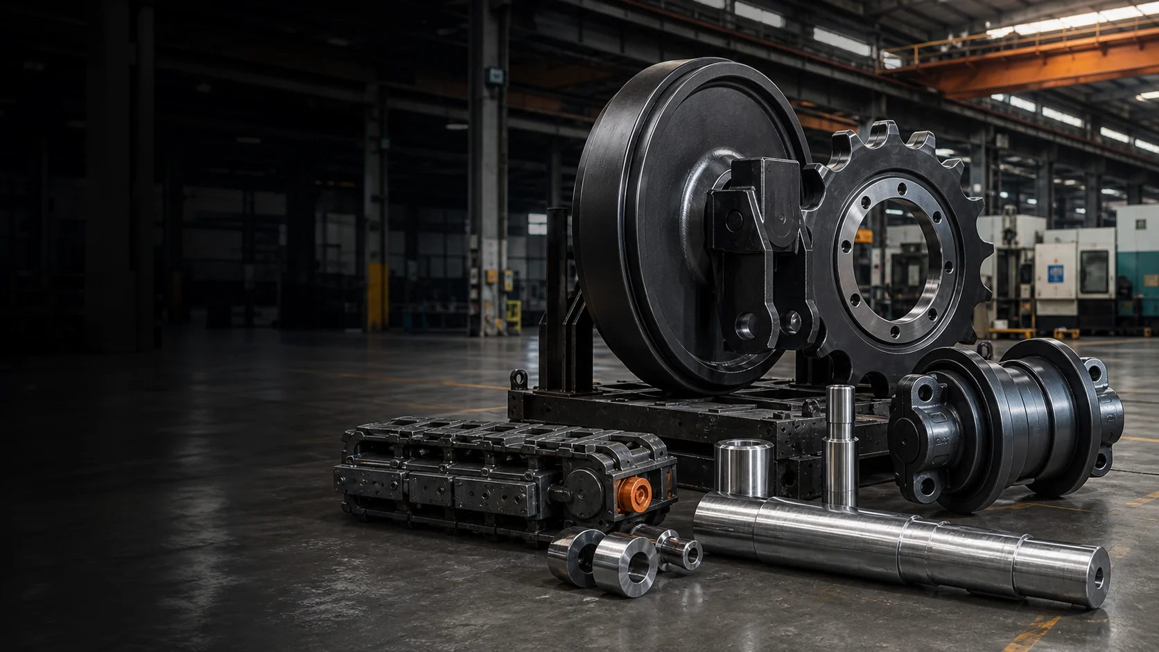 Representative industrial scene with undercarriage components and machined shafts