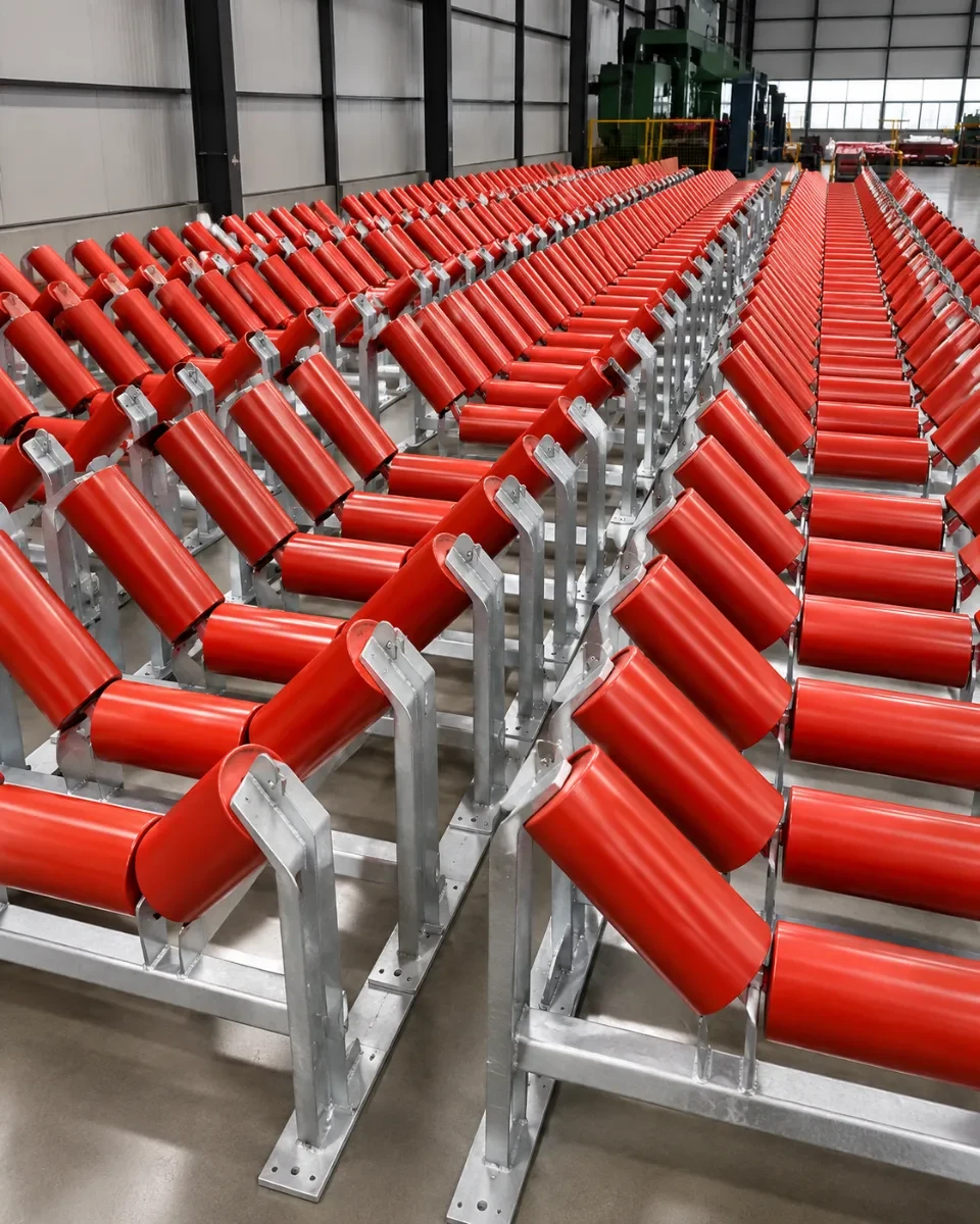 Rows of conveyor idler rollers for bulk material handling