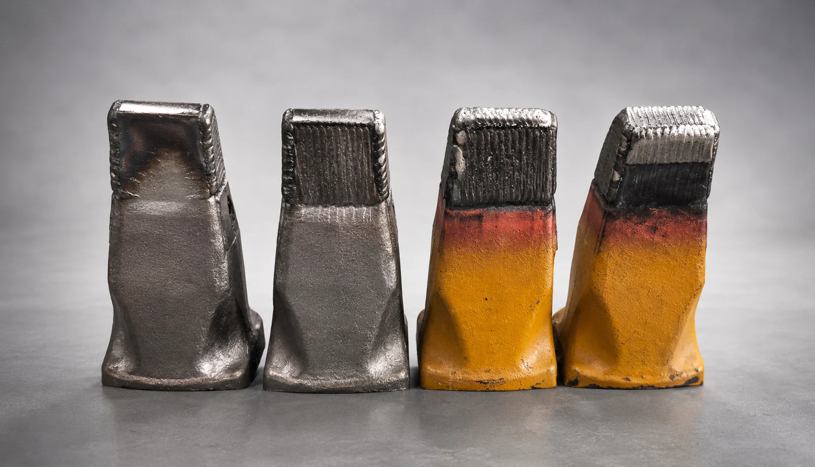 Mixed hardfaced bucket teeth for mining and ground engaging wear applications