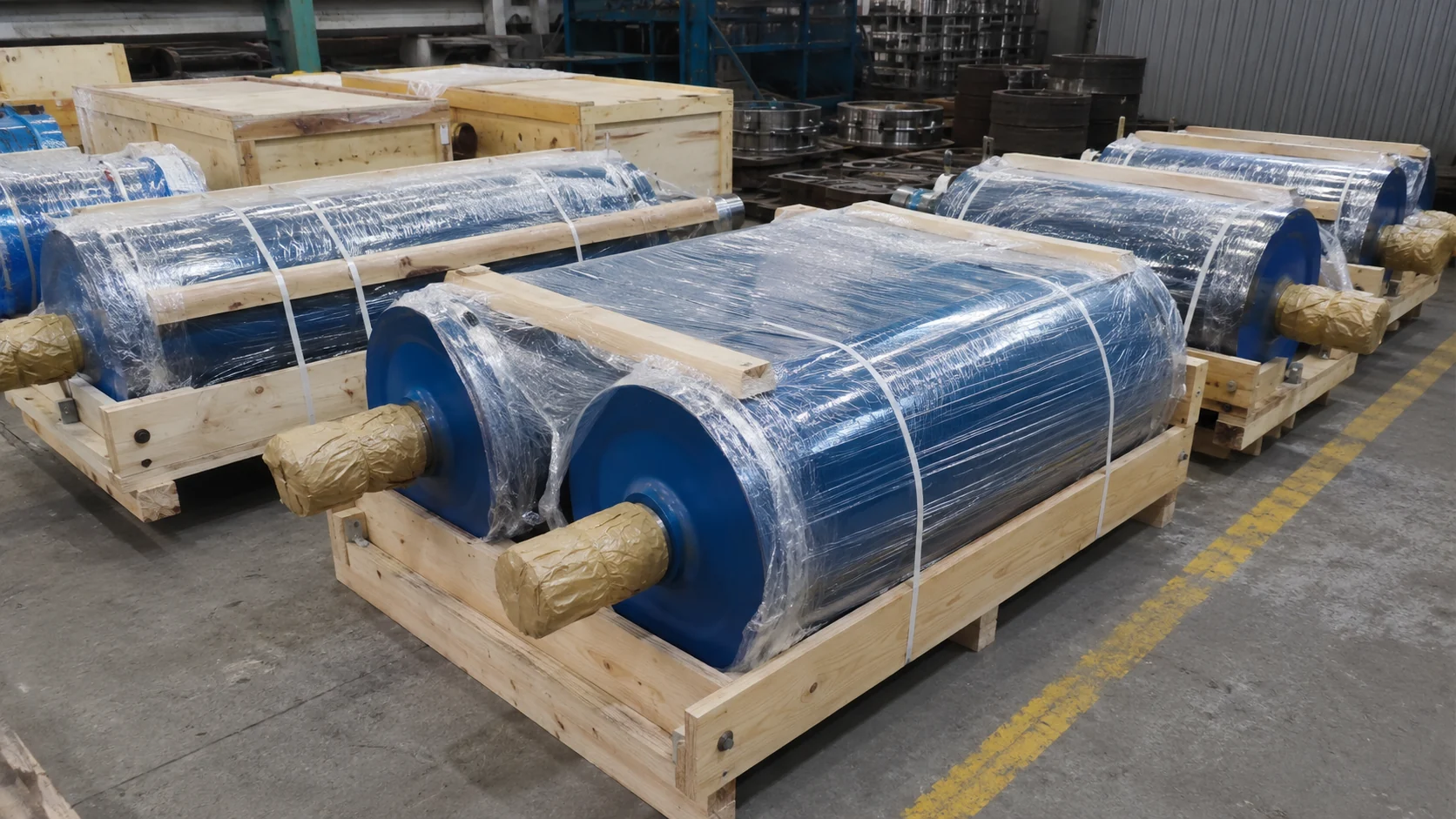Conveyor pulleys secured in export packaging for project shipment