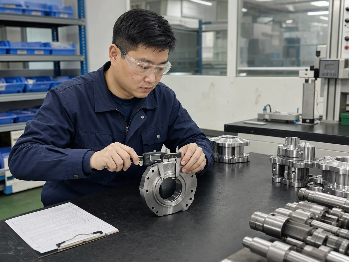 Chinese quality inspector measuring a precision-machined component in an inspection area