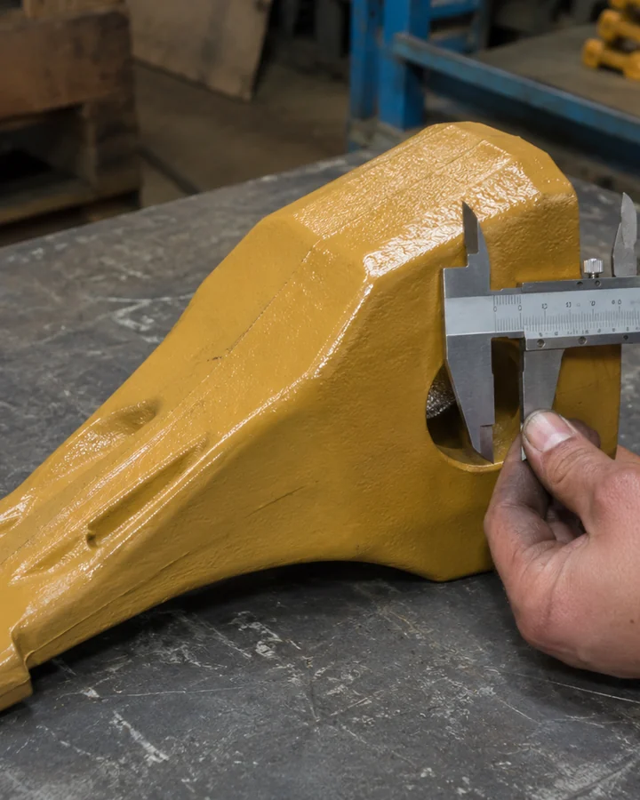 A bucket tooth pin hole being checked with a caliper