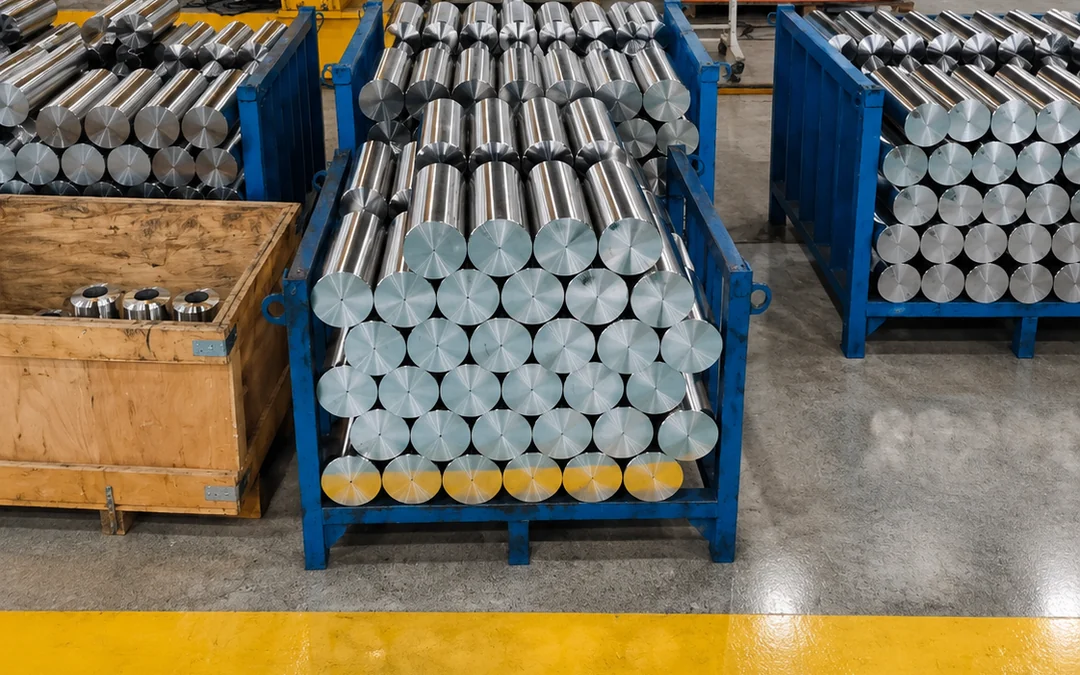 Machined cylindrical pins and shafts staged in workshop crates