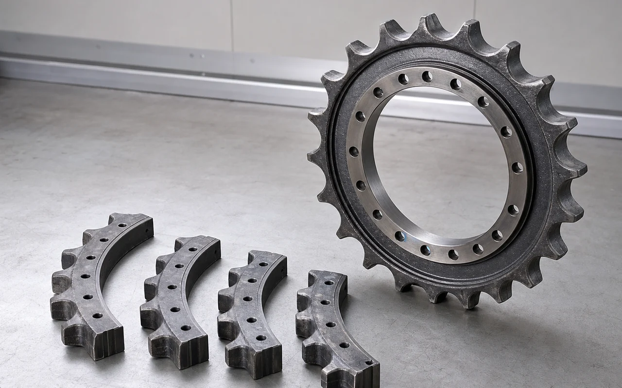 Complete sprocket and separate sprocket segments arranged for product-family review