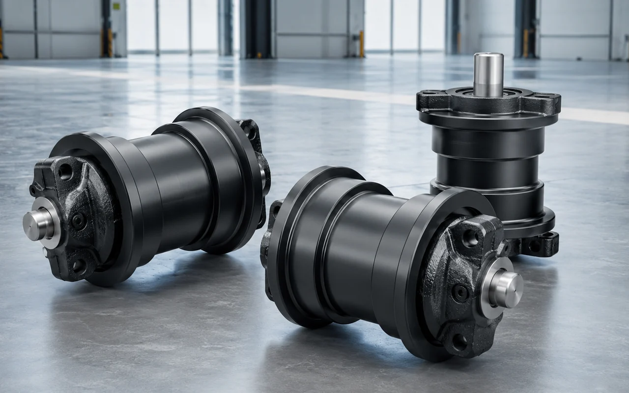 Track rollers arranged on a clean factory floor