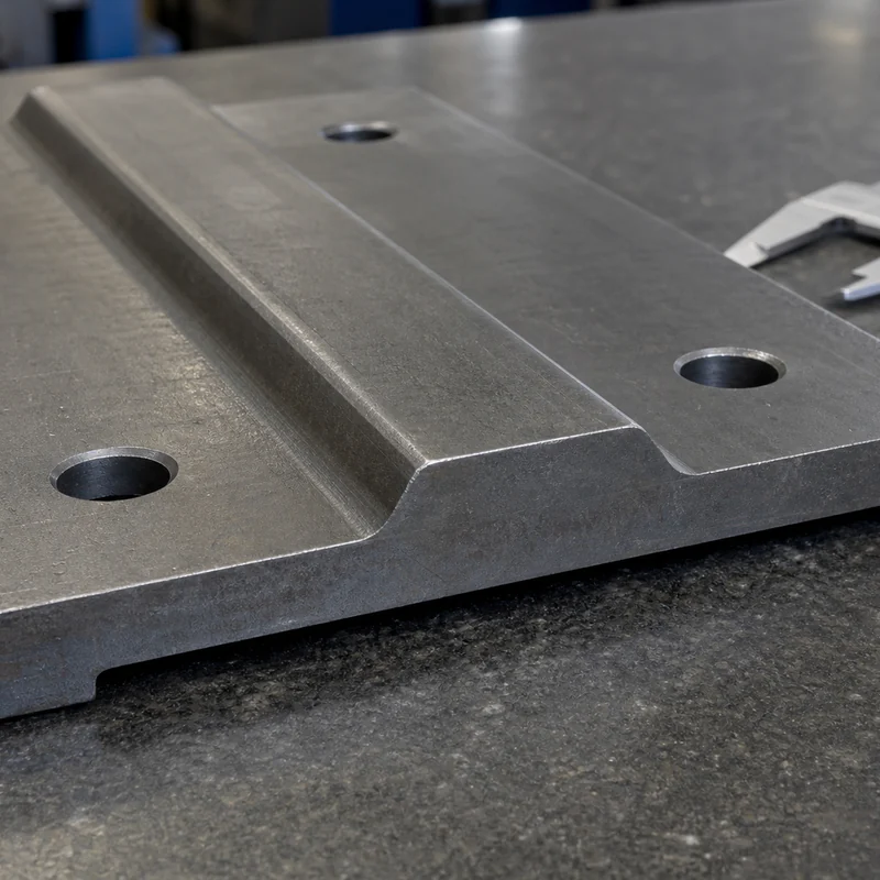 Generated interface-review visual showing mounting holes, plate thickness and grouser profile on a steel track shoe plate