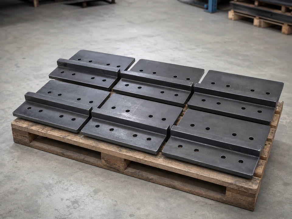 Generated product-family visual of separate steel track shoe plates staged on a pallet
