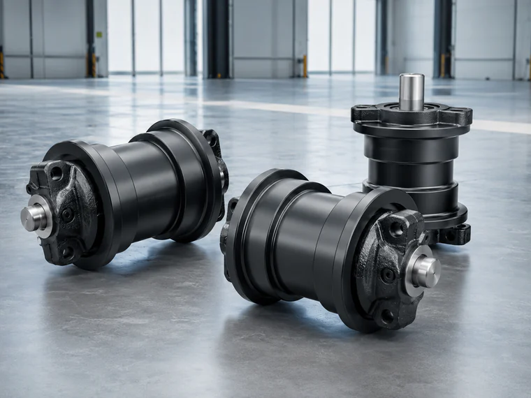 Track and carrier roller components arranged on a workshop floor