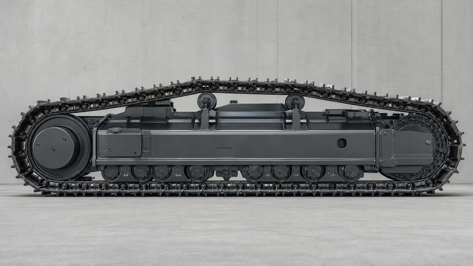 Crawler undercarriage side view showing bottom rollers, carrier rollers and idler positions