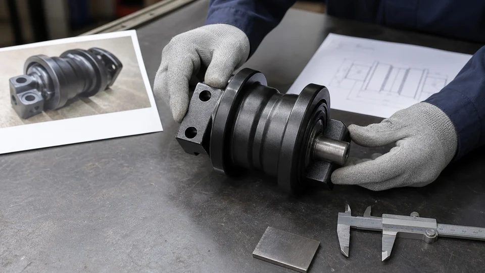 Carrier roller sample, reference photograph, drawing and measuring tool prepared for technical RFQ review
