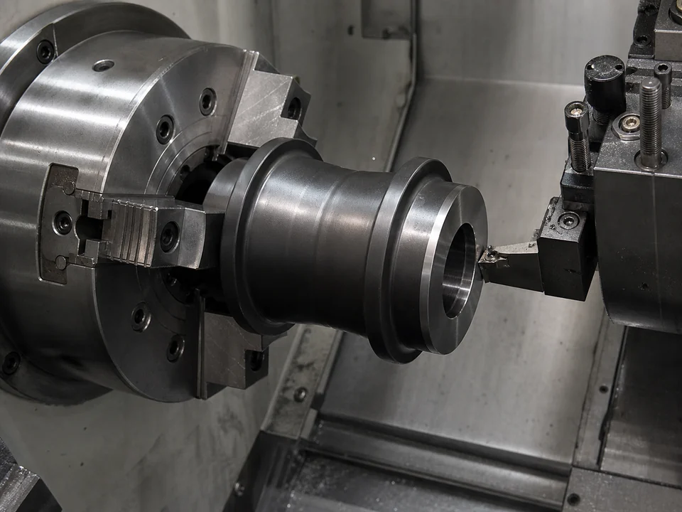 Track roller shell undergoing CNC turning as a project-specific manufacturing-route visual