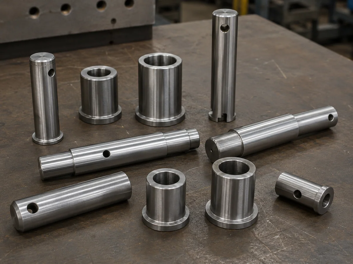 Separate machined pins, bushings and shafts arranged for part-family review