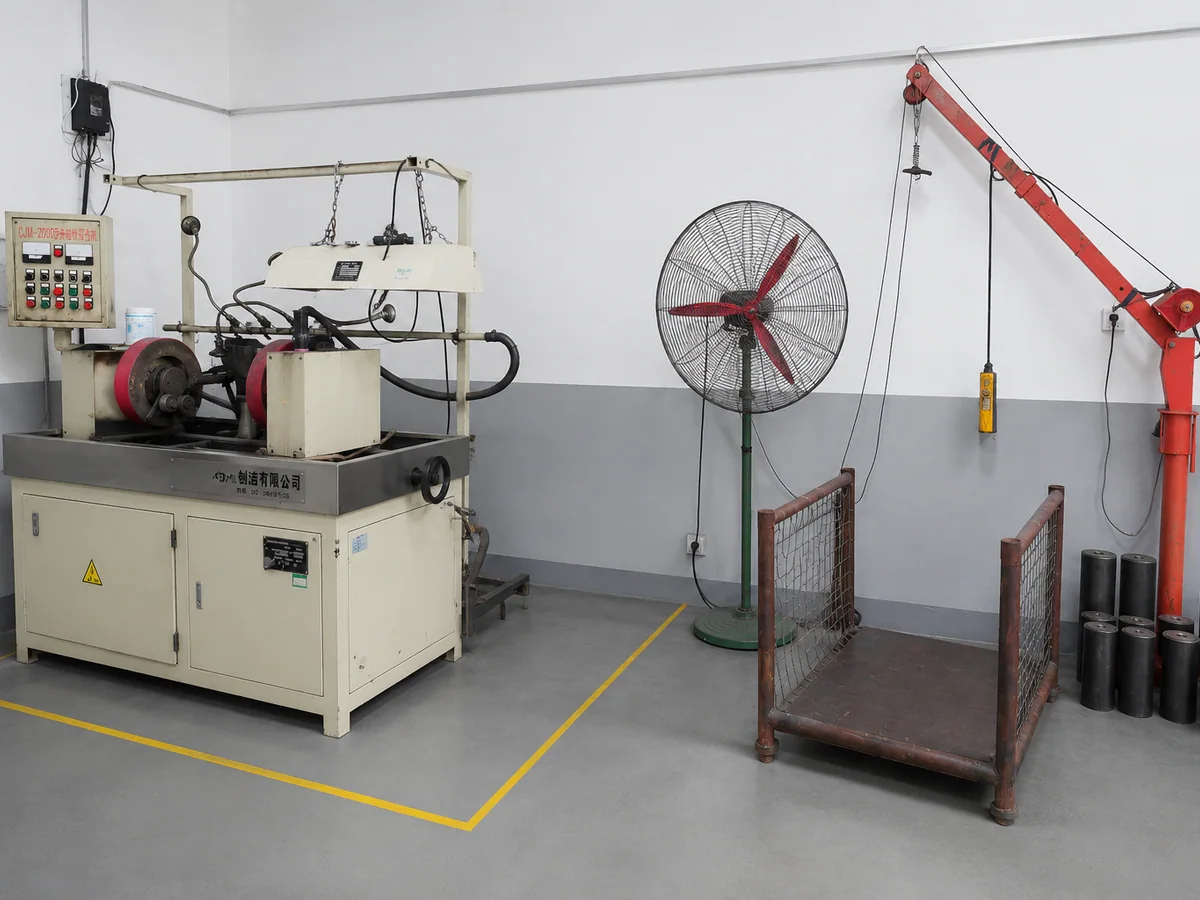 Induction hardening equipment with cylindrical pins staged in the work area