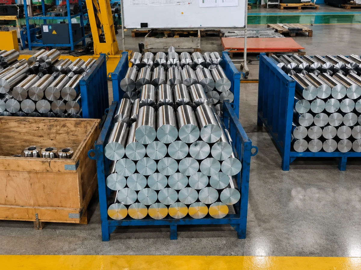 Machined cylindrical pins and shafts staged in workshop crates