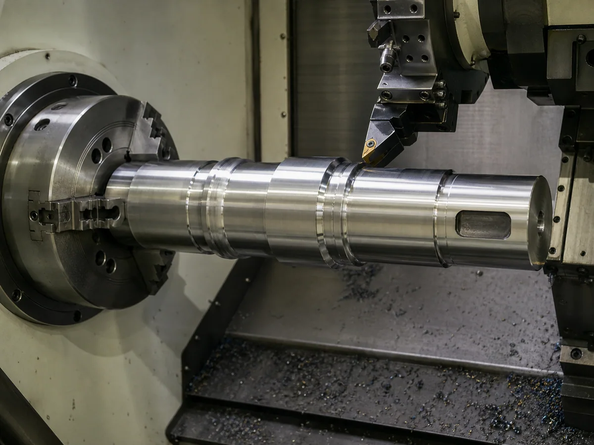 Stepped shaft held in a horizontal CNC lathe