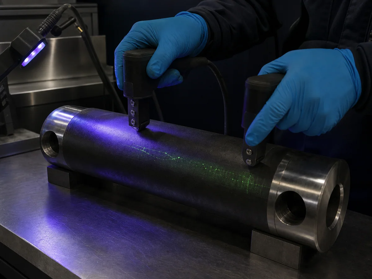 magnetic-particle inspection of a cylindrical connecting pin under UV light