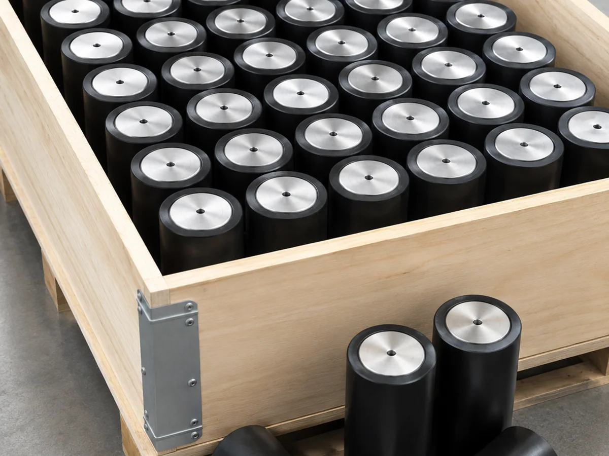Packed connecting pins in a wooden export crate with loose reference pins