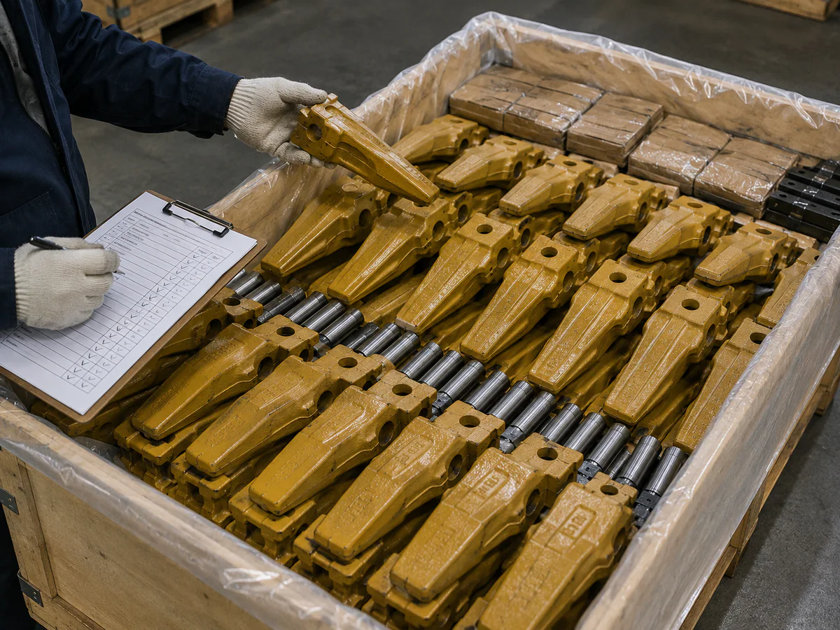 Bucket teeth, adapters and pins checked in a lined wooden crate