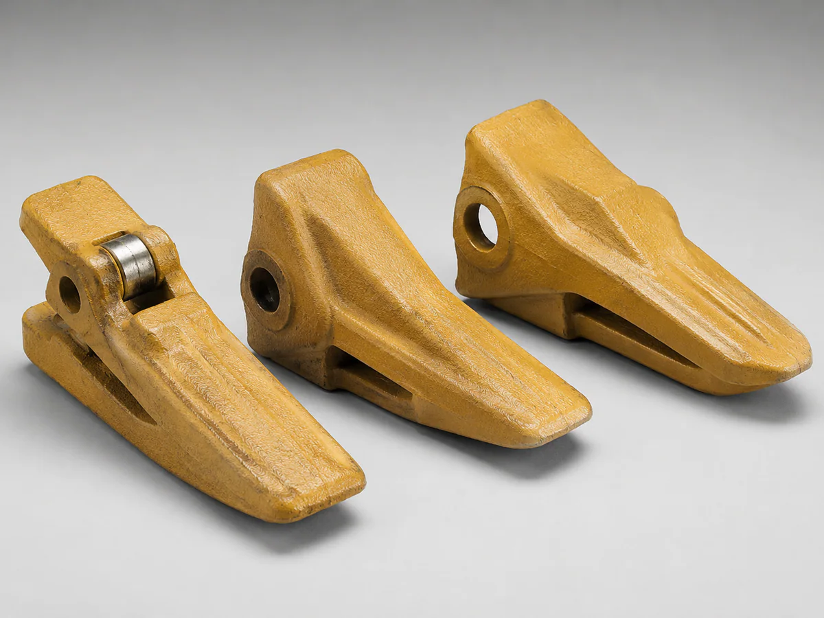Three bucket tooth adapters with mating openings visible