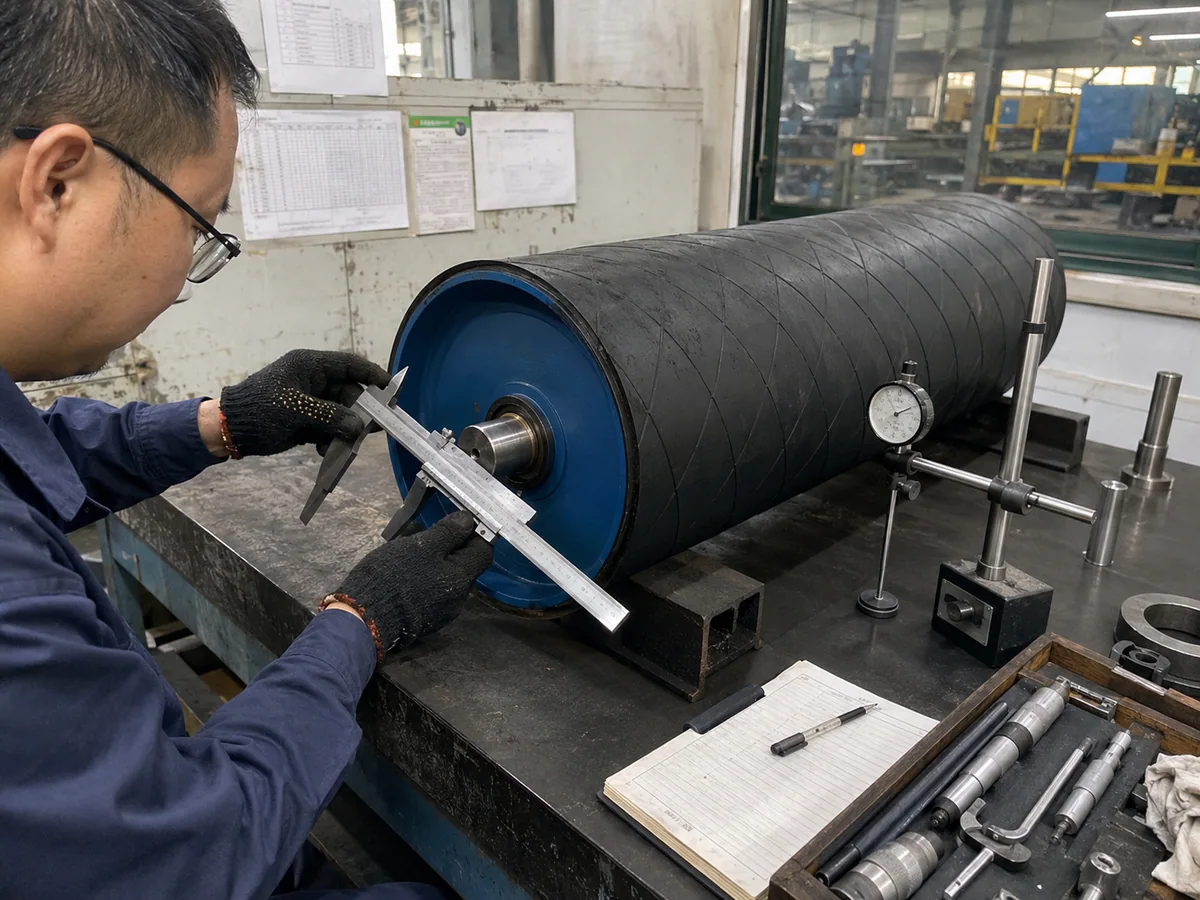 Technician measuring a rubber-lagged conveyor pulley