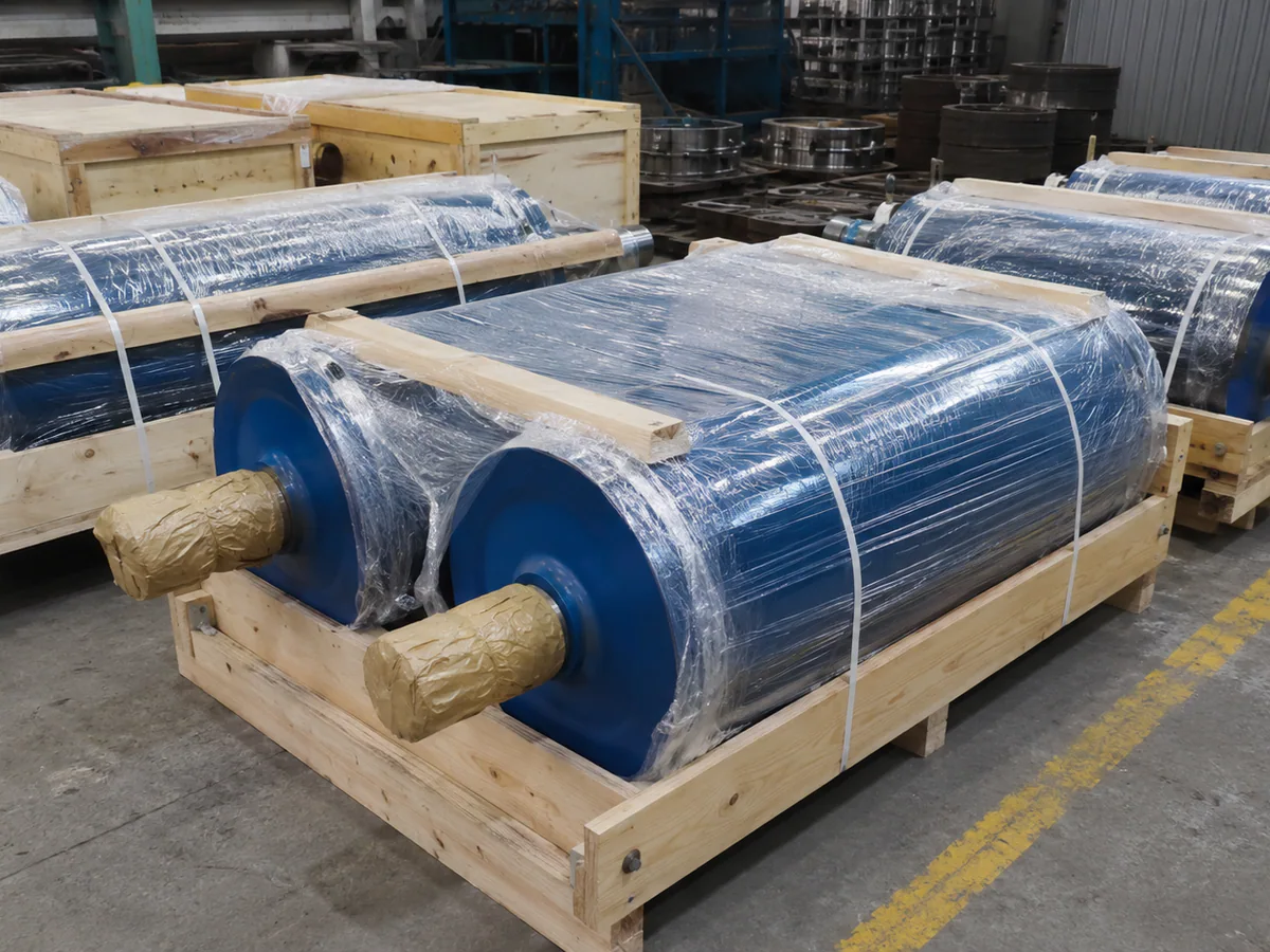 Conveyor pulleys protected in wooden export packing