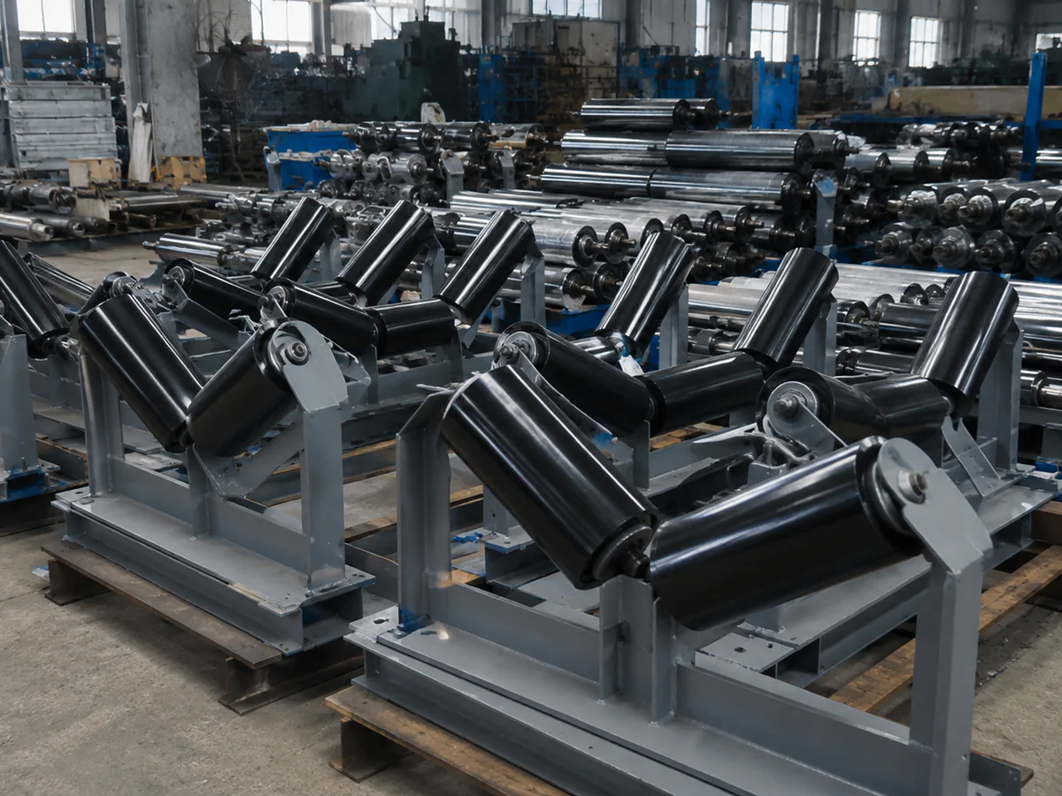 Conveyor roller and idler assemblies arranged in a workshop