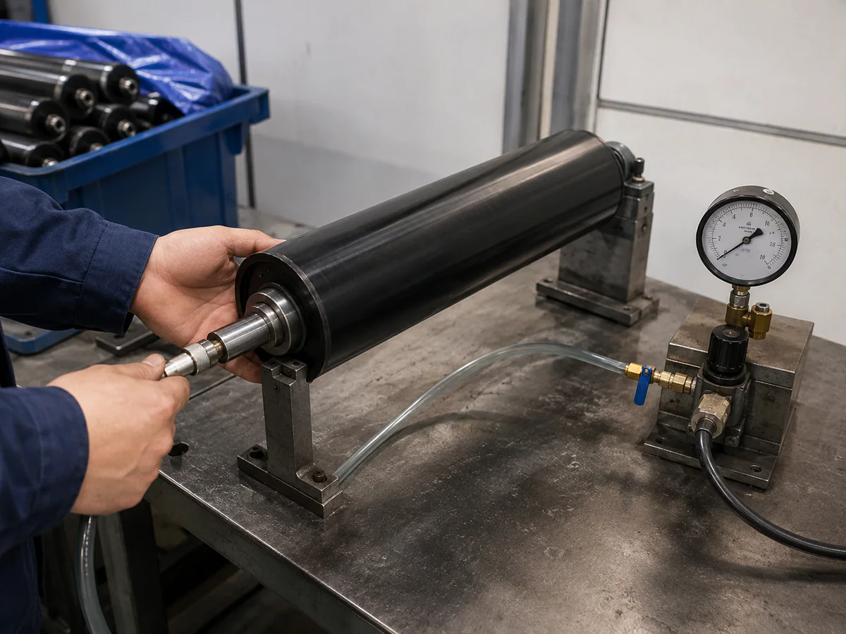 Conveyor roller connected to an air-tightness pressure gauge