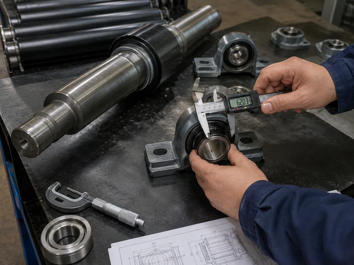 Roller shaft and bearing components checked with measuring tools
