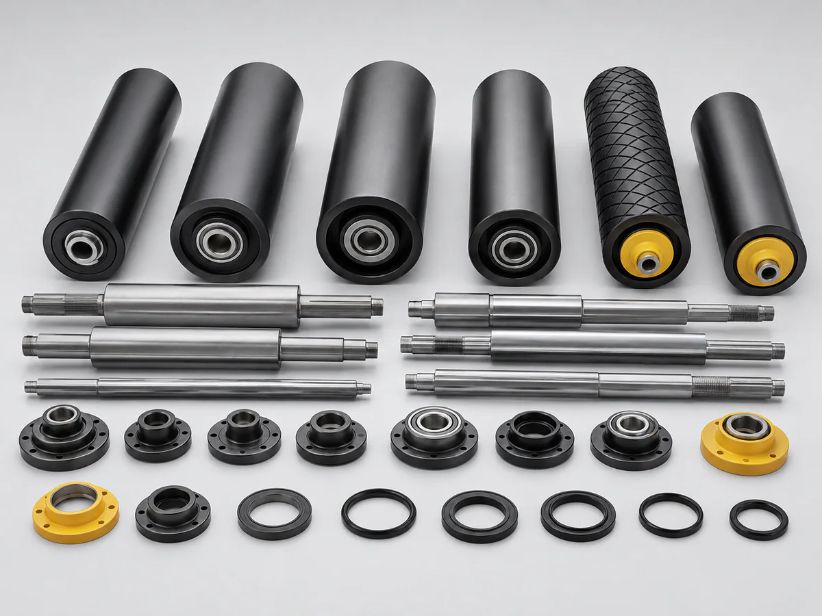 Conveyor roller tubes, shafts, bearing housings, bearings and seals