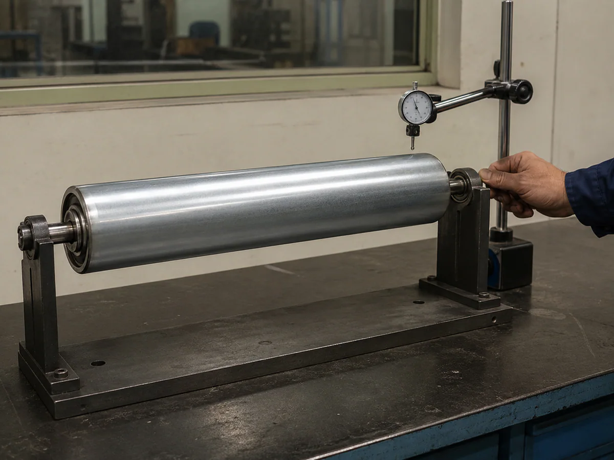 Conveyor roller mounted on a rotation inspection stand