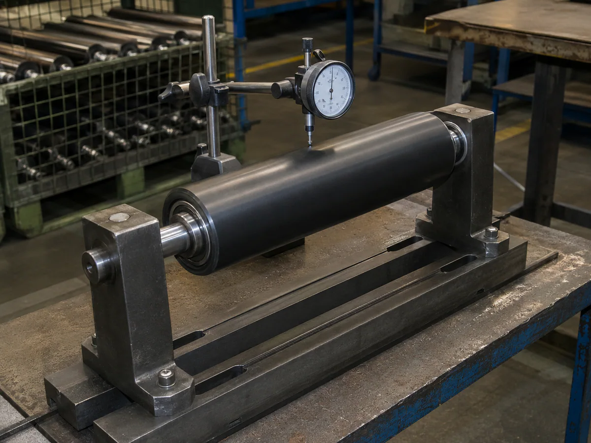 Conveyor roller shell checked with a dial indicator