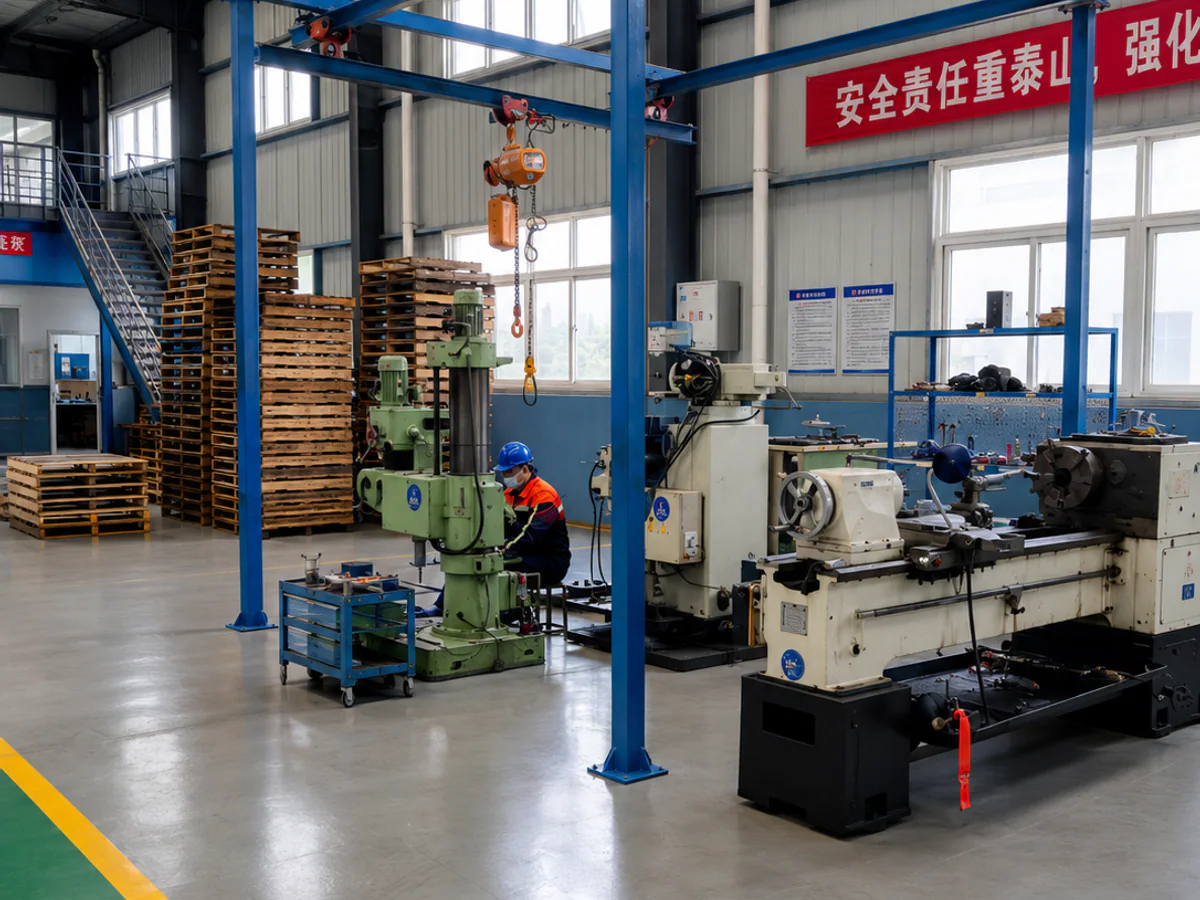 Conveyor roller manufacturing equipment in a workshop aisle