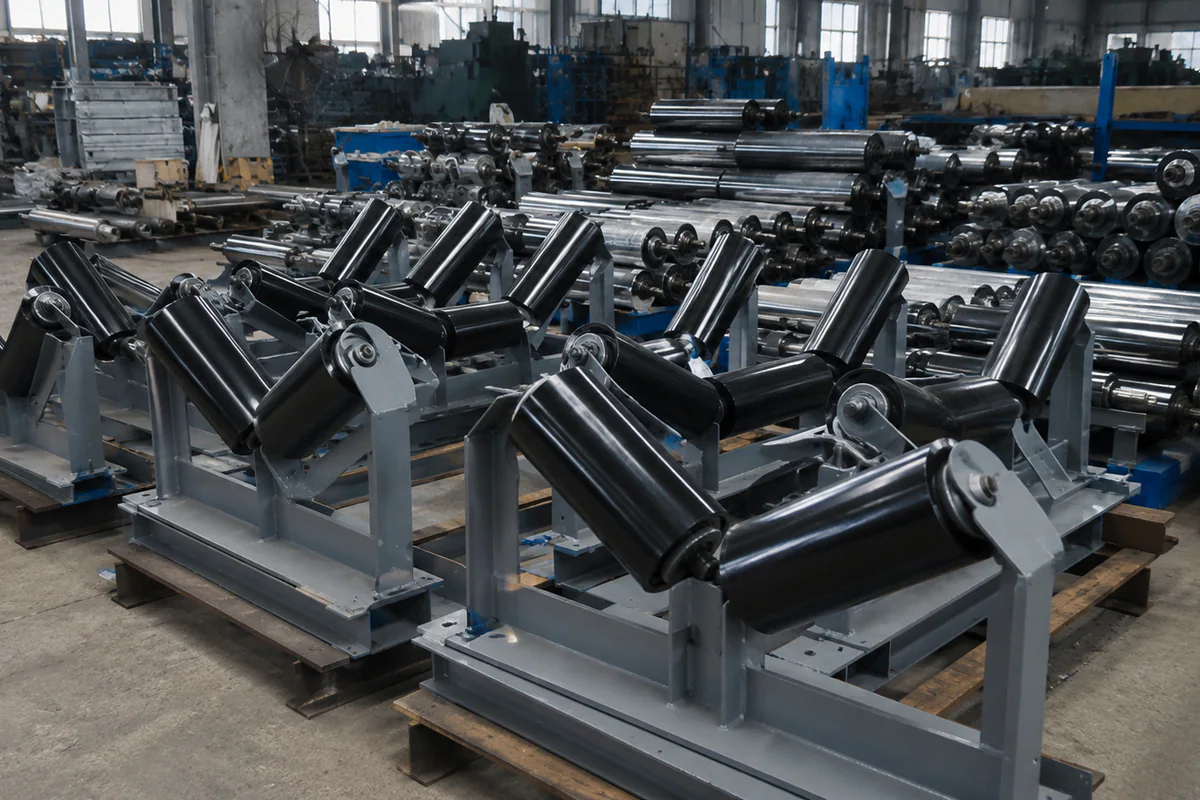 Conveyor rollers and idler assemblies arranged in a production workshop