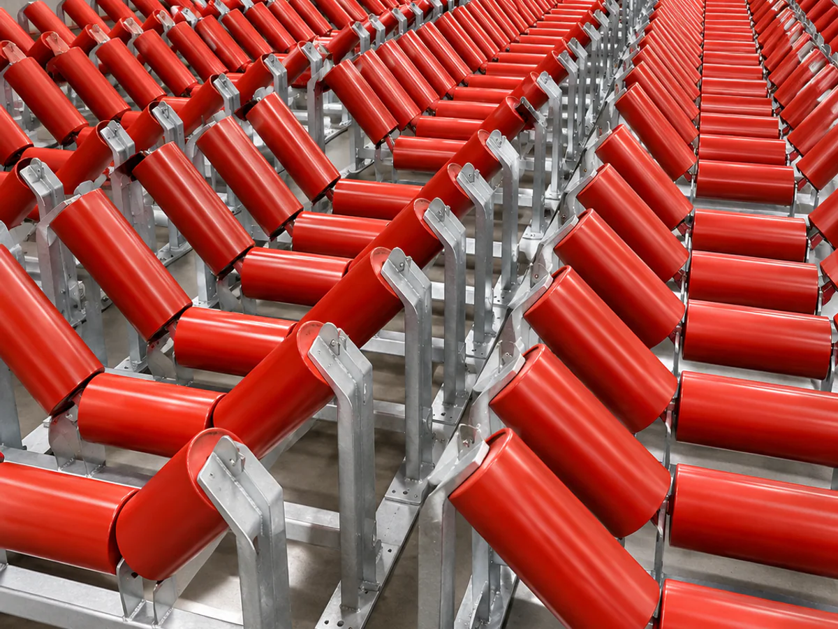 Rows of red conveyor idler rollers in a workshop