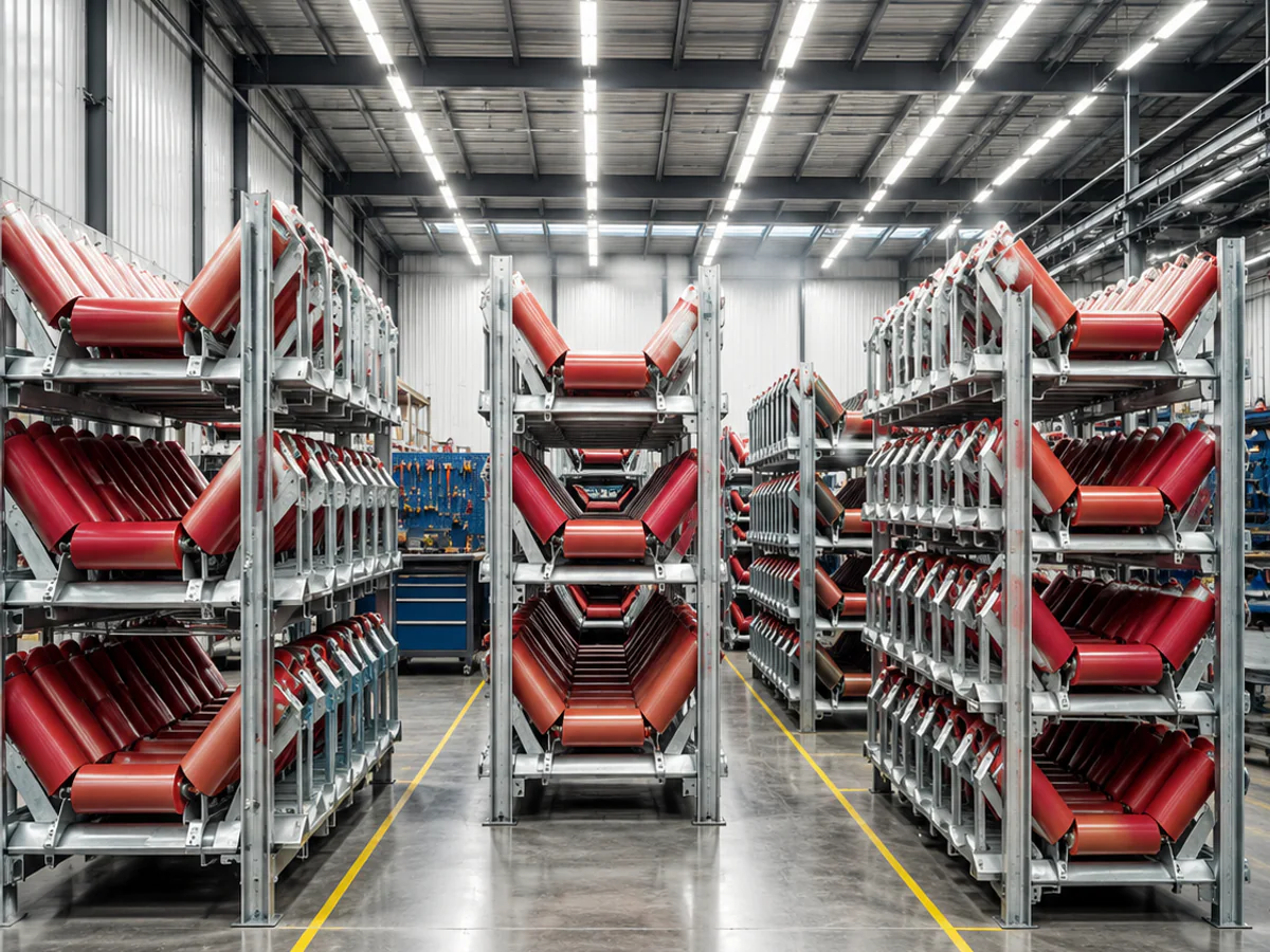 Conveyor idler rollers arranged on workshop storage racks