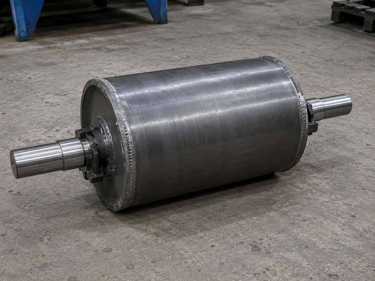 Steel conveyor bend pulley prepared with shaft and bearing supports