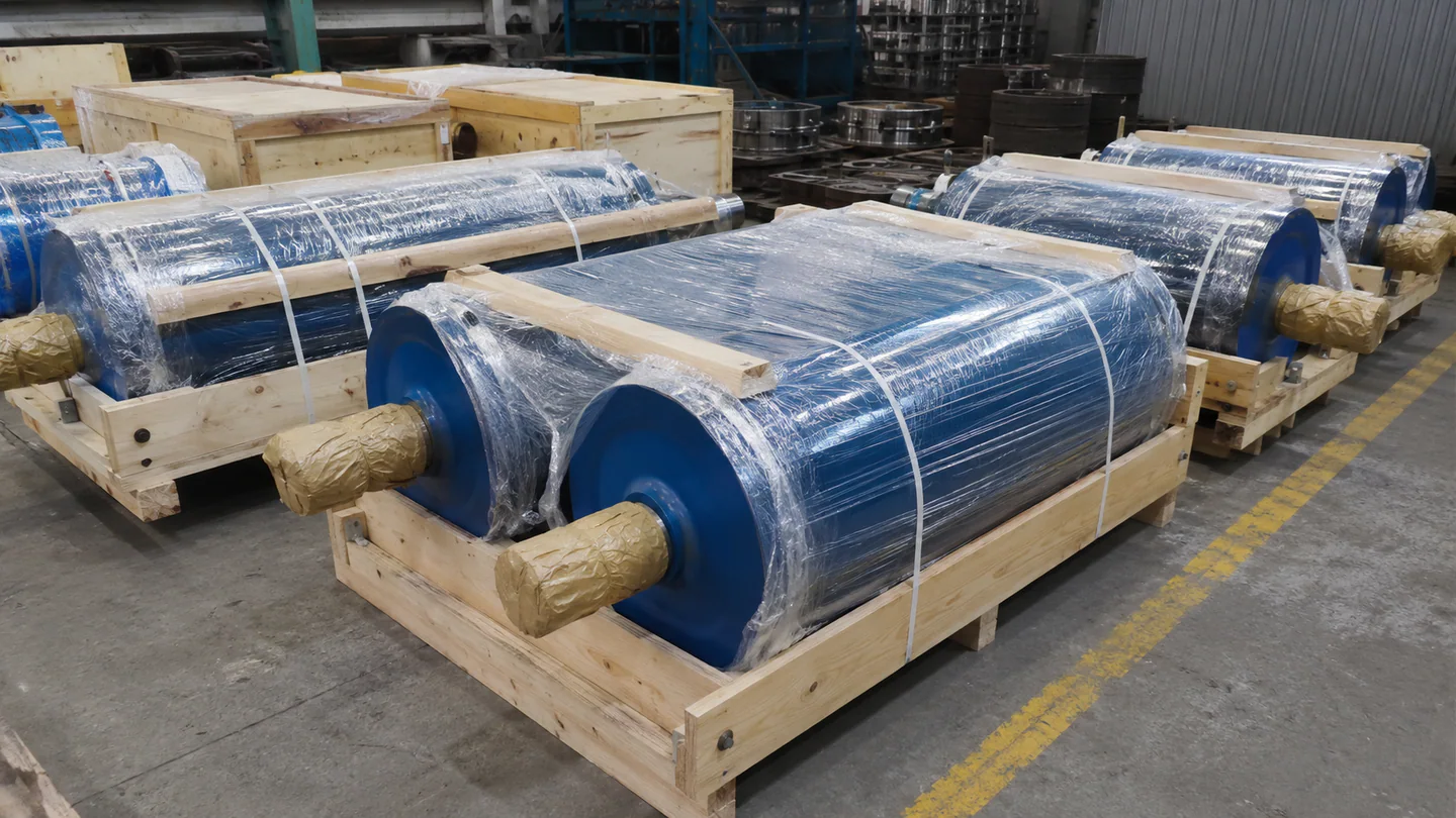 Finished conveyor pulleys protected in timber export packing