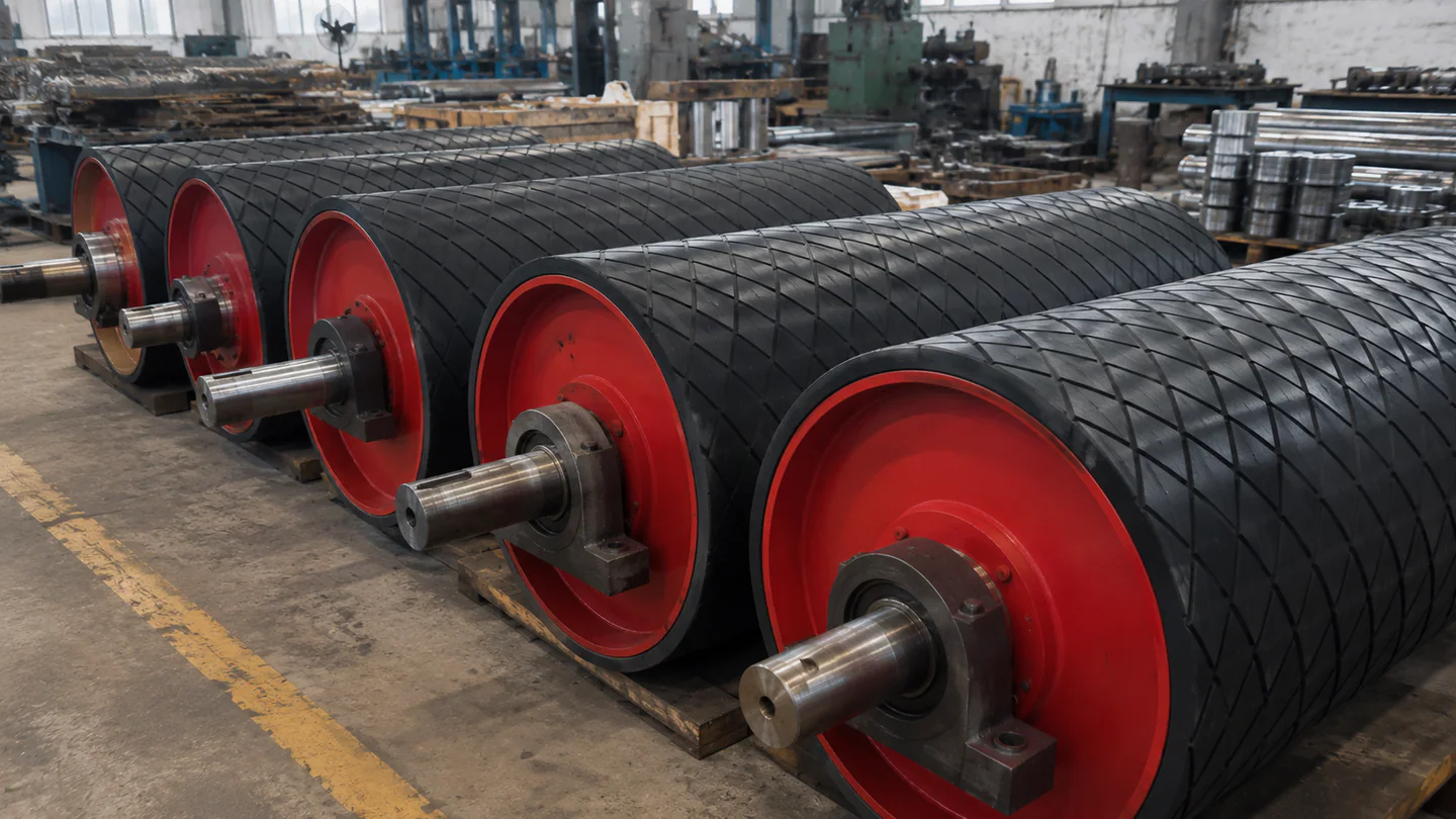 Rubber-lagged conveyor pulleys arranged in an industrial workshop