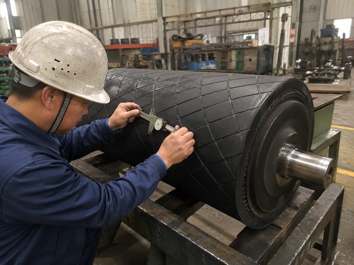 Rubber-lagged conveyor pulley surface checked with measuring tools