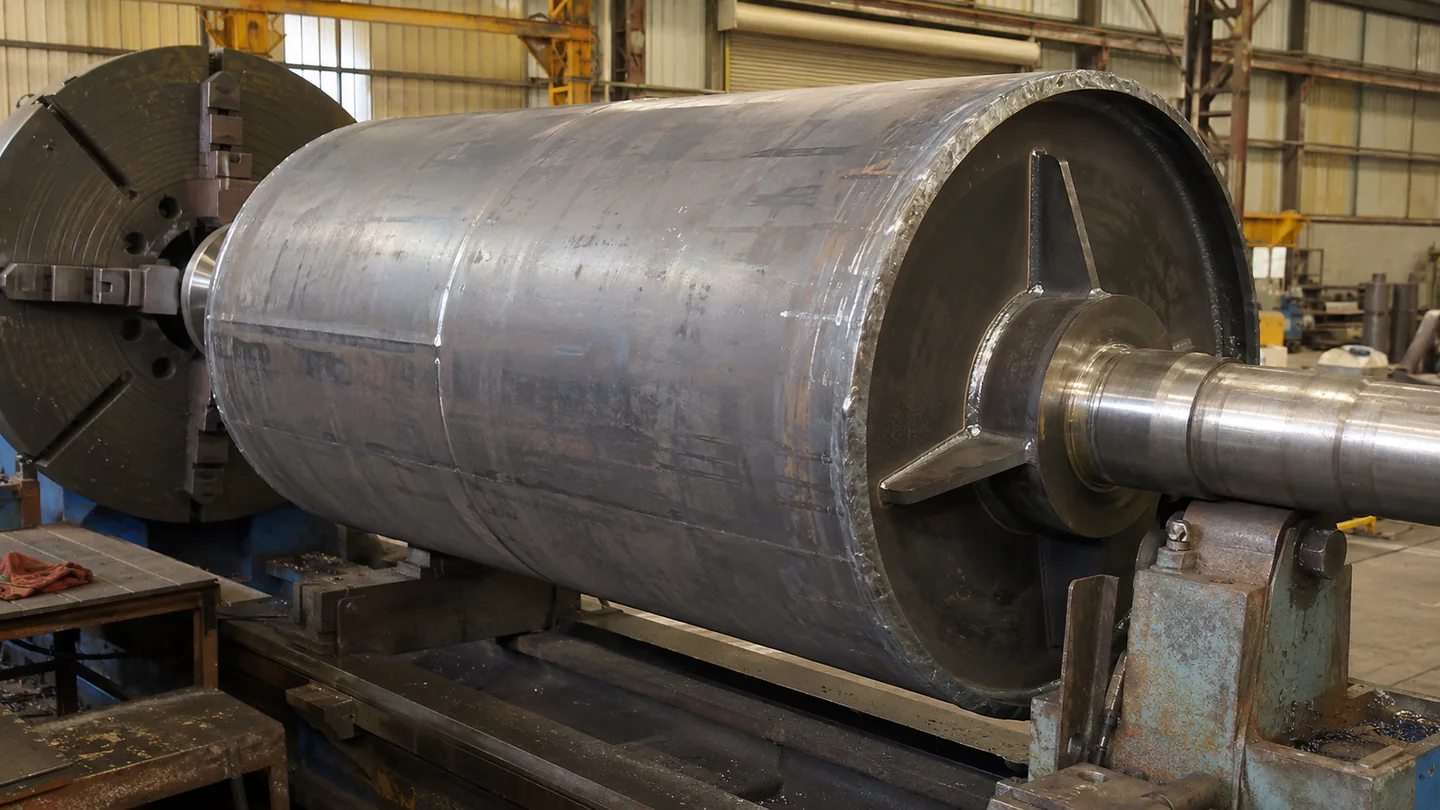 Fabricated conveyor pulley assembly positioned for machining