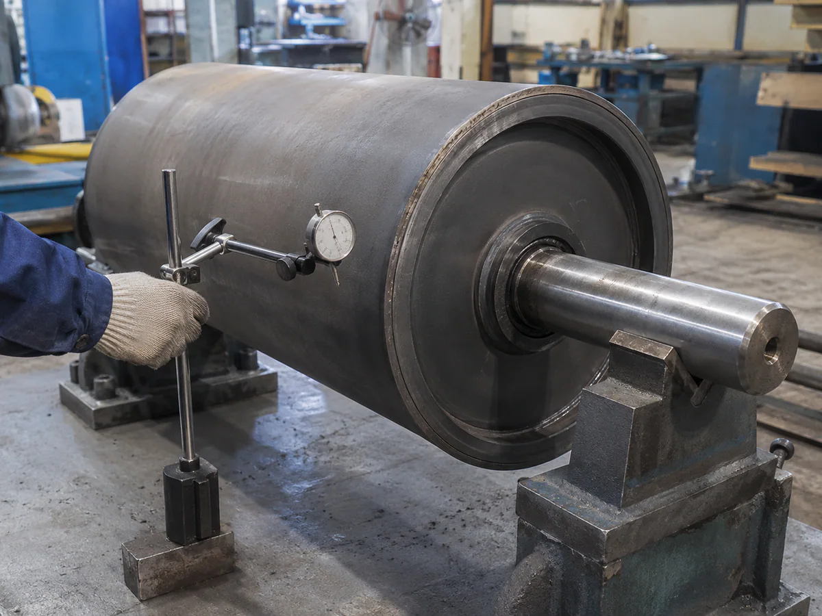 Conveyor pulley shell checked with a dial indicator