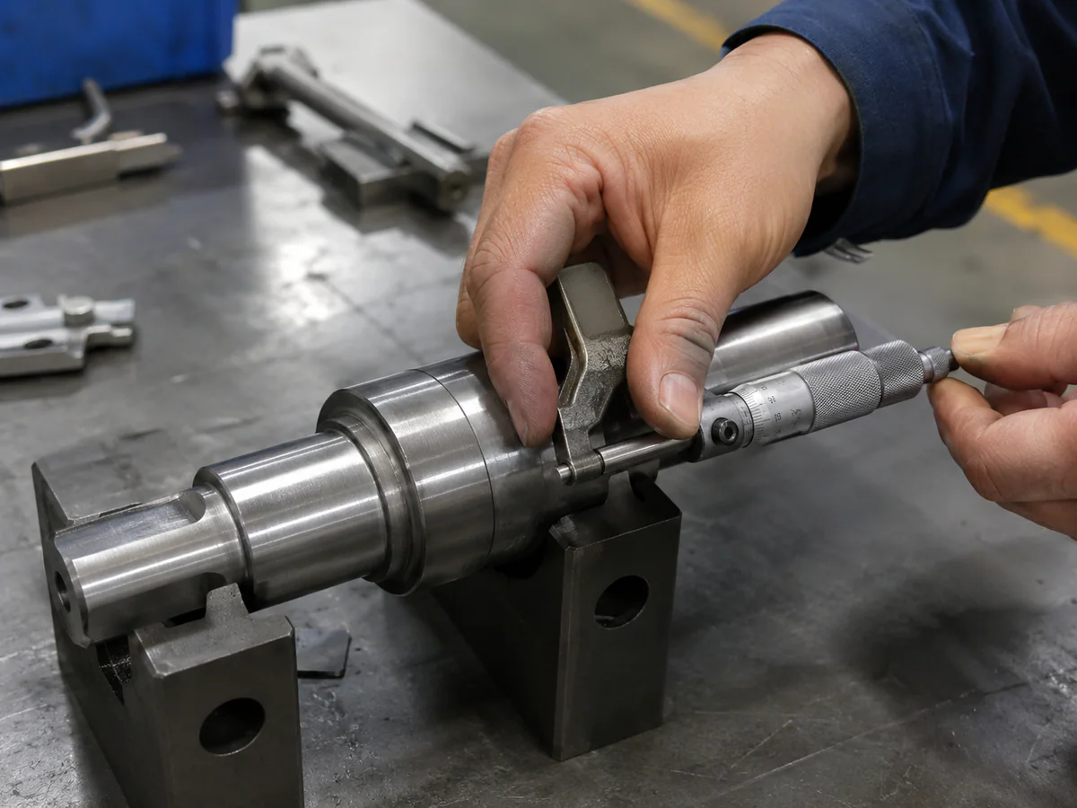 Pulley shaft and keyway interface checked with a micrometer