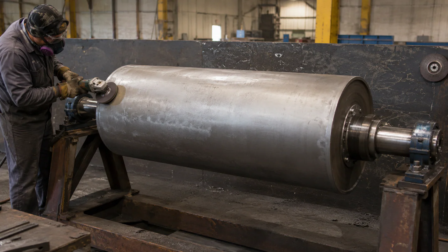 Worker preparing the steel surface of a conveyor pulley