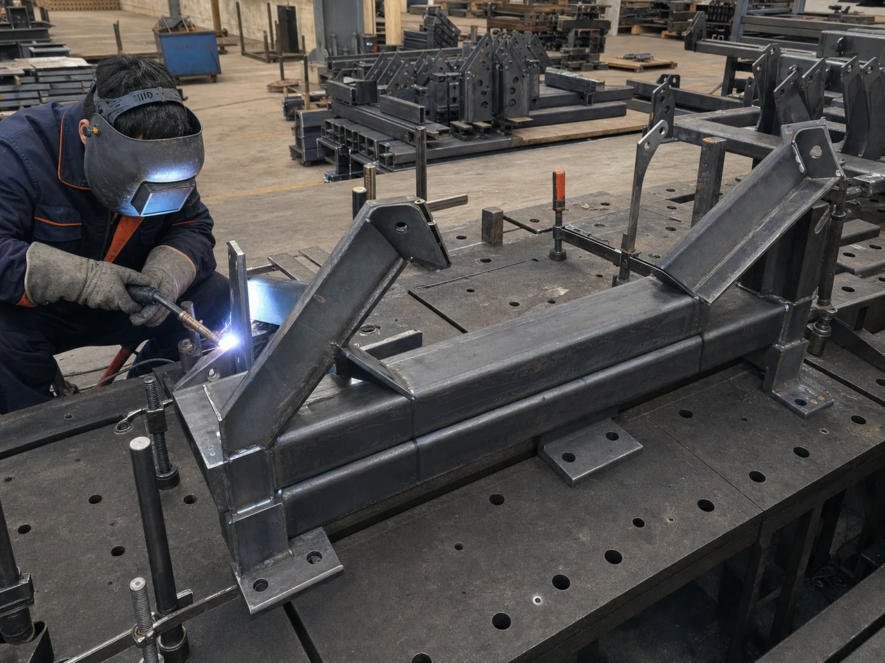 Welder fabricating a raw steel conveyor support frame in a workshop fixture