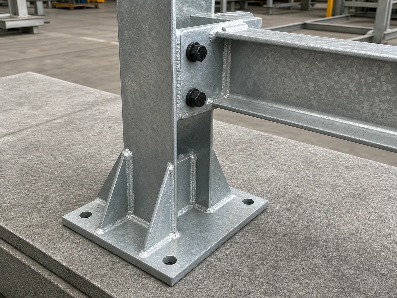 Galvanized conveyor support leg with base plate, gussets and bolted cross-member connection